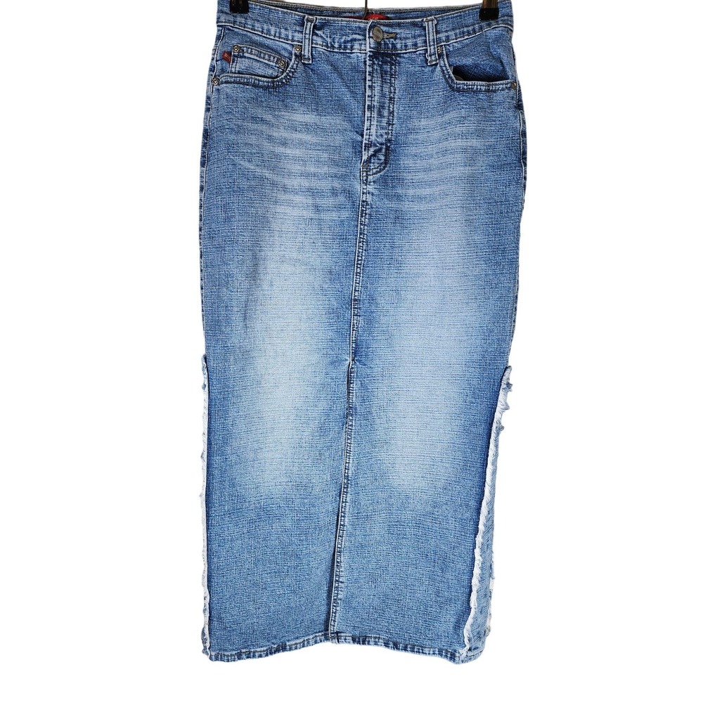 LONDON BLUE Denim Split Leg Back and Front Distressed Boho Midi Skirt SZ L
